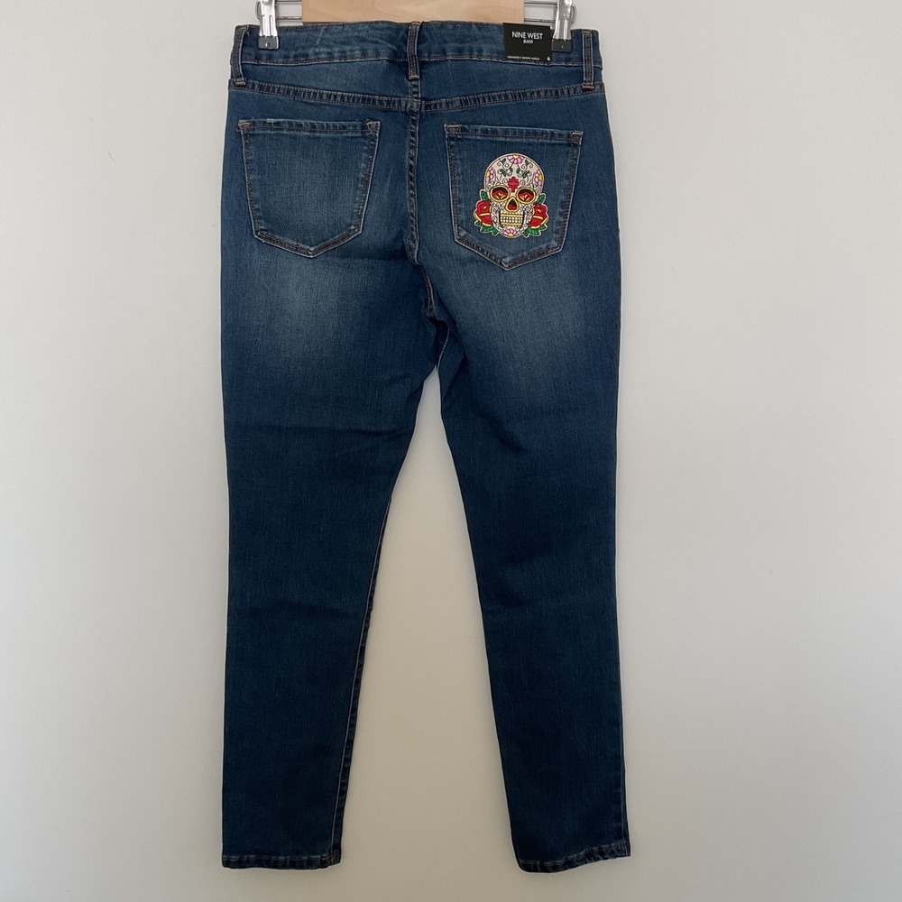 Nine West Jeans Womens 6 Gramercy Skinny Ankle Sugar Skull Patch Luxury Denim